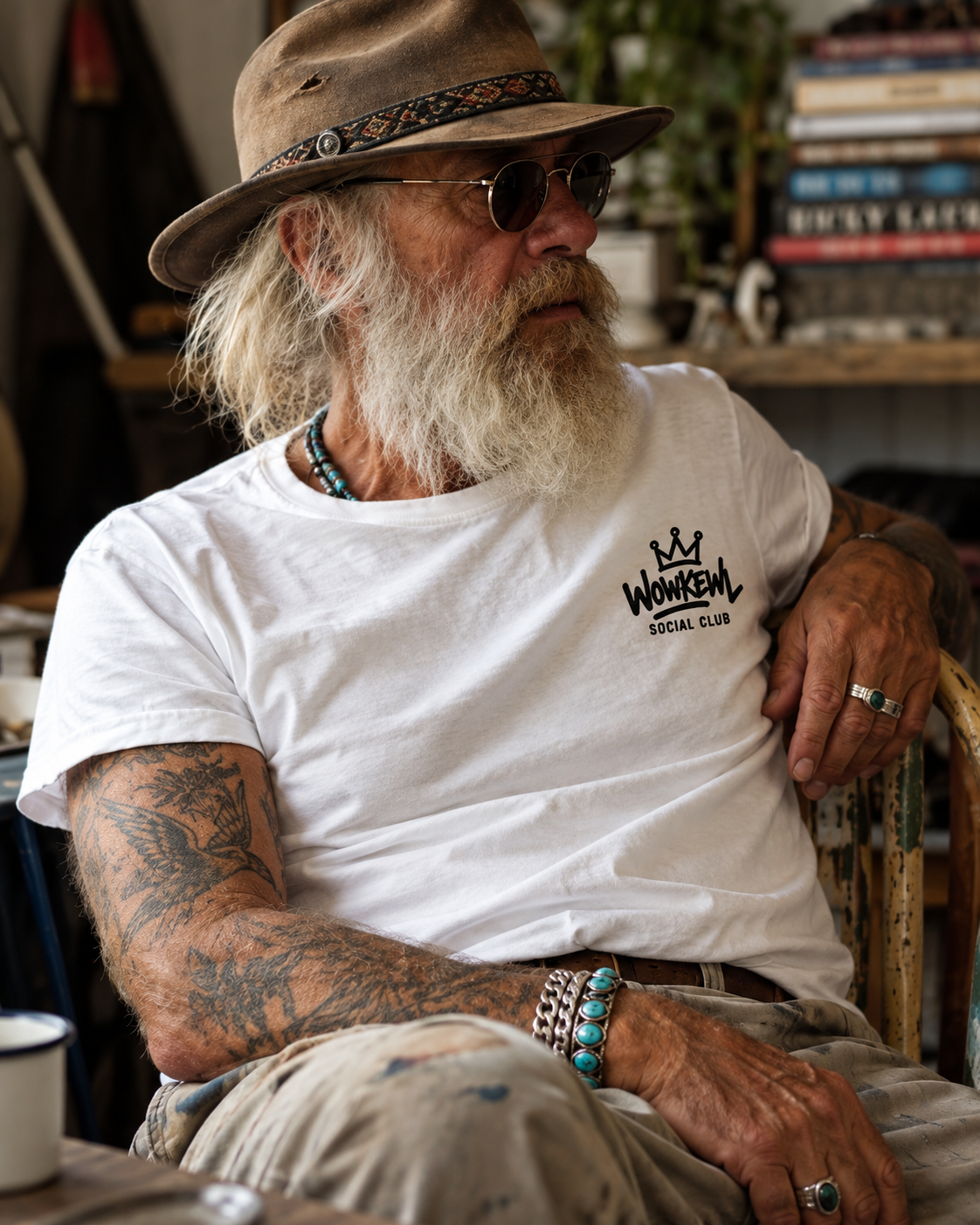 WOWKEWL Social Club – vit T-shirt på modell