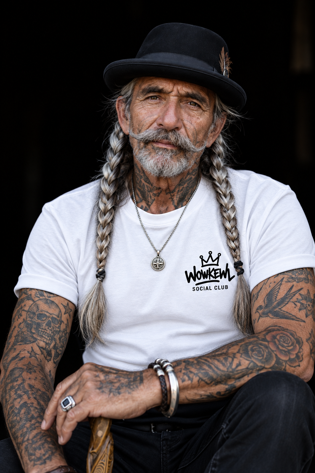 WOWKEWL Social Club – vit T-shirt på modell
