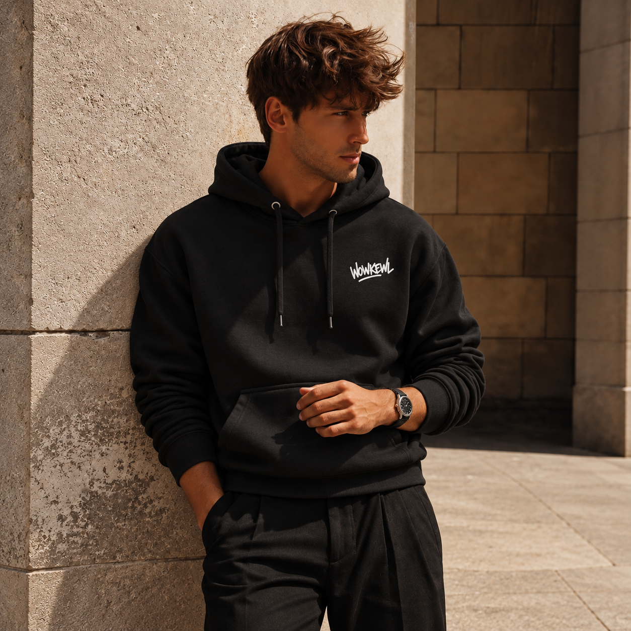 WOWKEWL Crown Hoodie i svart på modell
