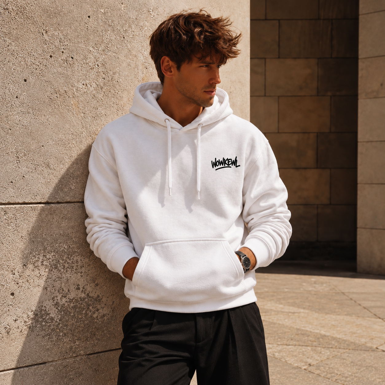 WOWKEWL Crown Hoodie i vit på modell