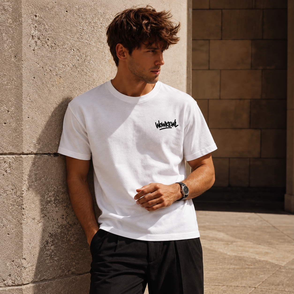 WOWKEWL Crown Tee i vit på modell