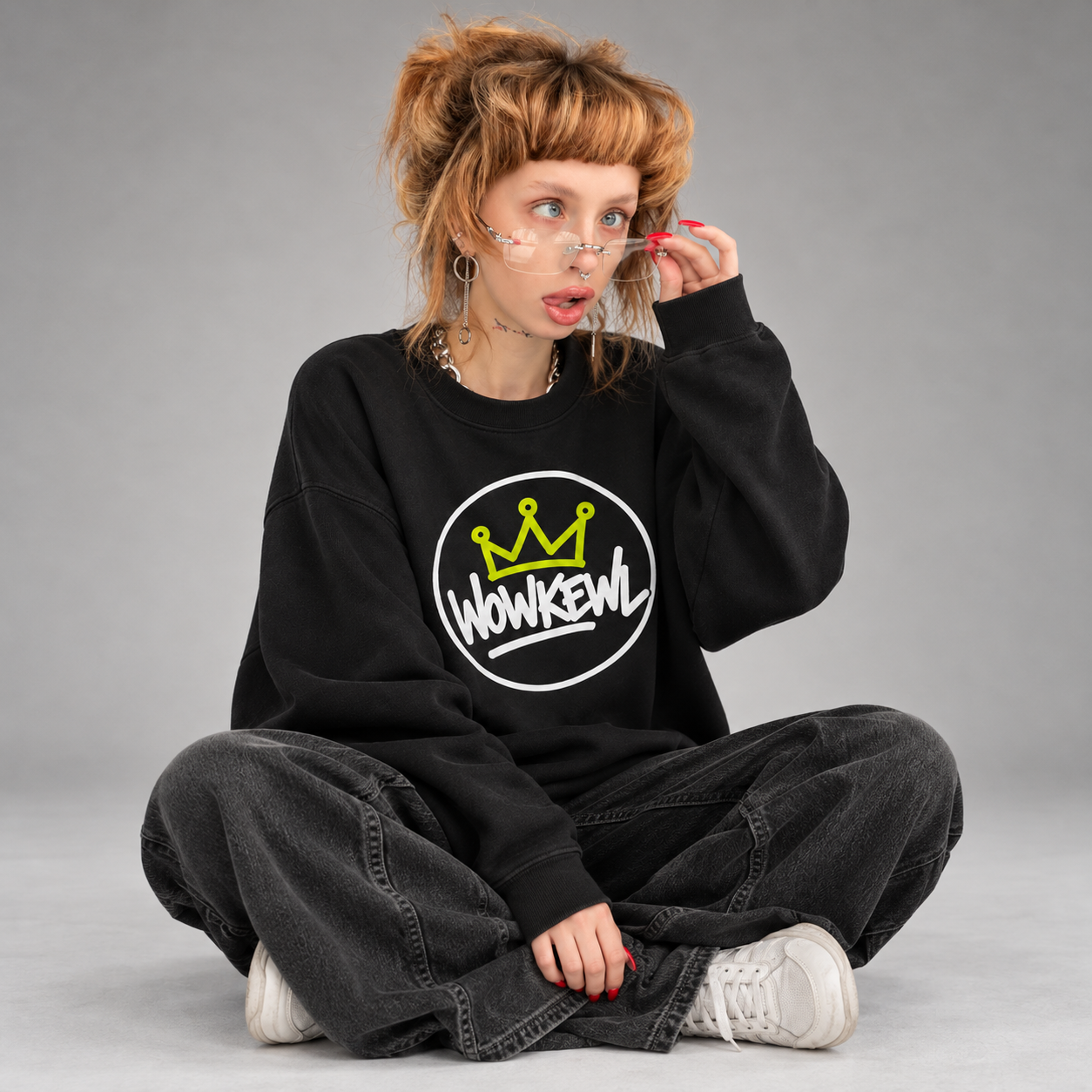 WOWKEWL Crown Sweatshirt — on model
