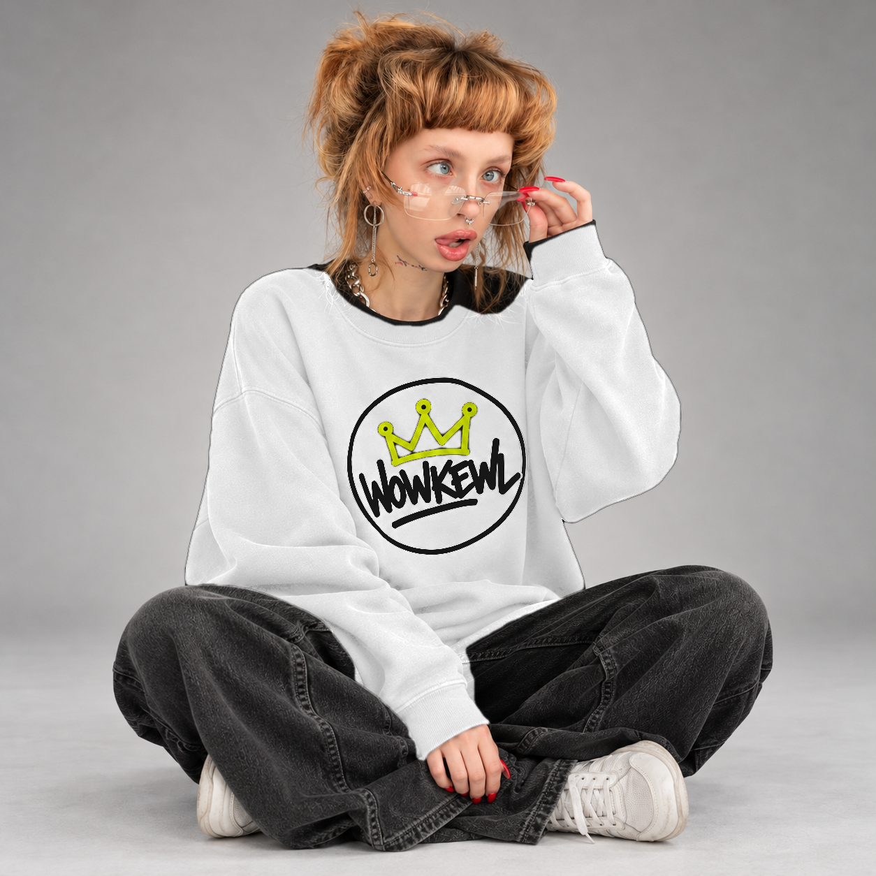 WOWKEWL Crown Sweatshirt — on model