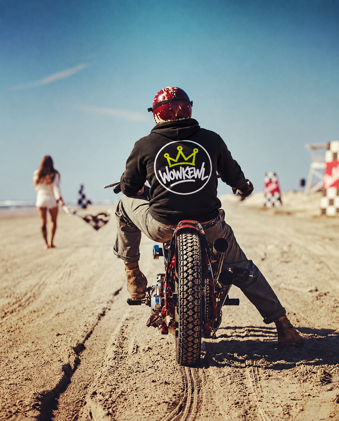 Black Crown hoodie with back print on a rider at the beach