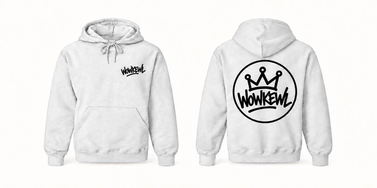 WOWKEWL Crown Mono Hoodie vit med svart Crown-tryck på ryggen