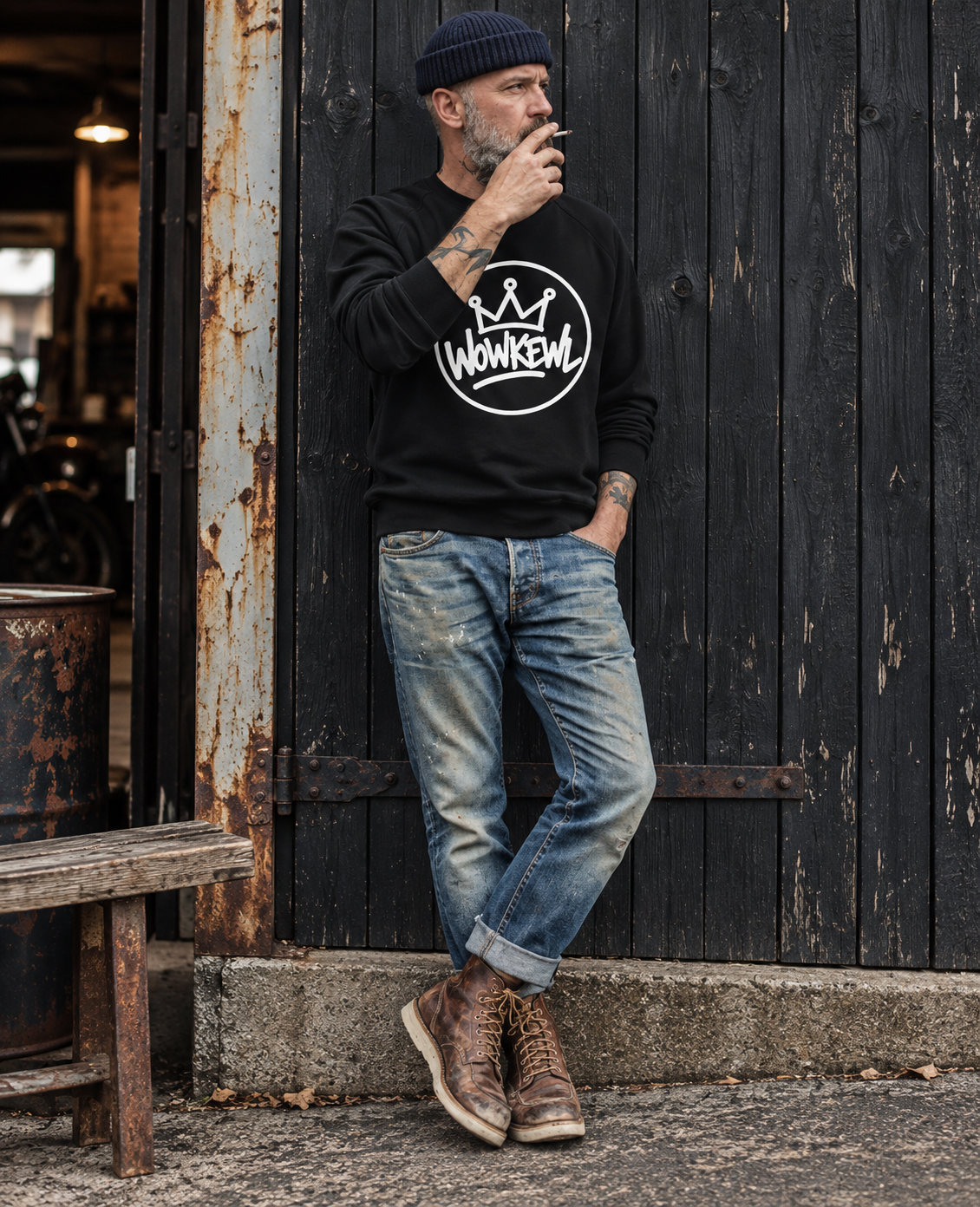 Svart Crown Mono-sweatshirt med vitt tryck utanför verkstaden