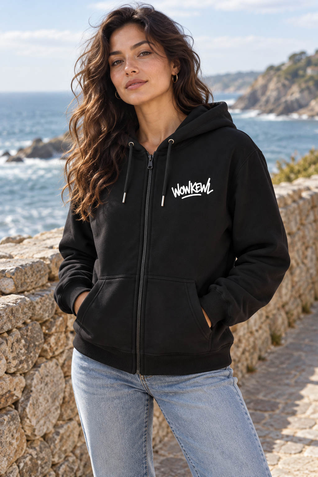 WOWKEWL Crown Zip Hoodie med vitt tryck på modell