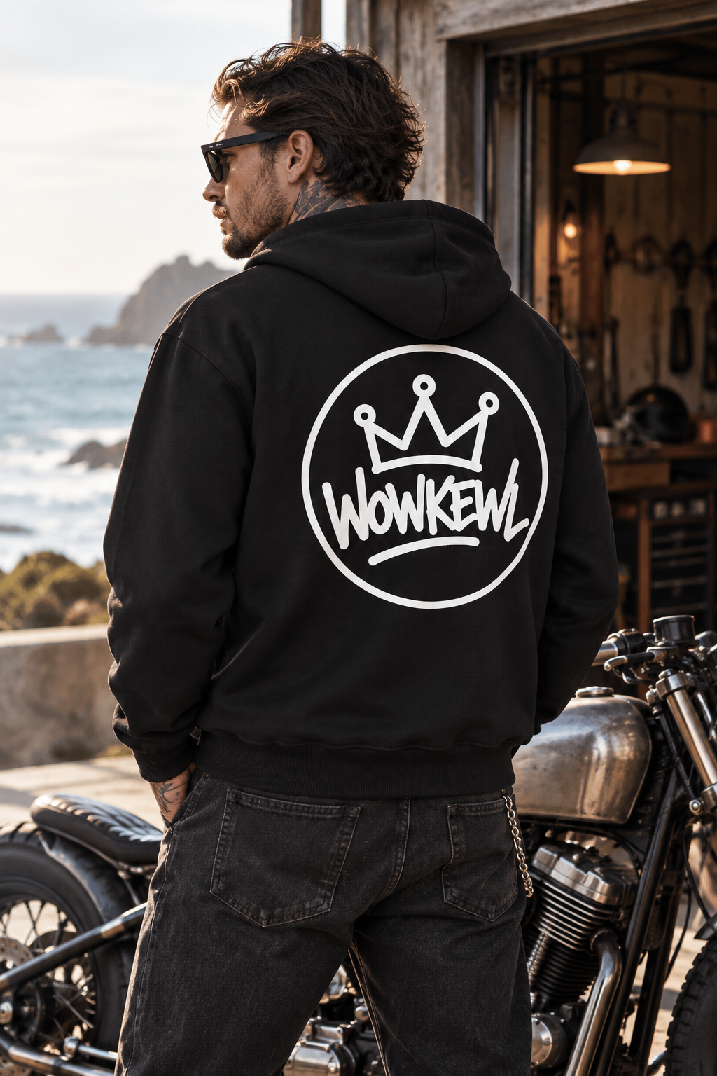 WOWKEWL Crown Zip Hoodie med vitt tryck på modell