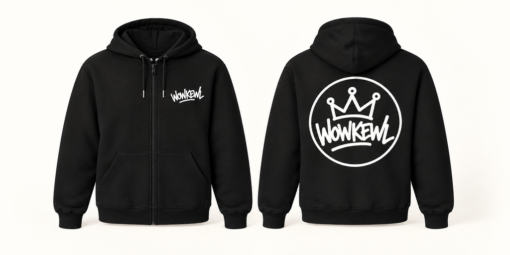 WOWKEWL Crown Zip Hoodie svart med dragkedja och vitt Crown-tryck på ryggen