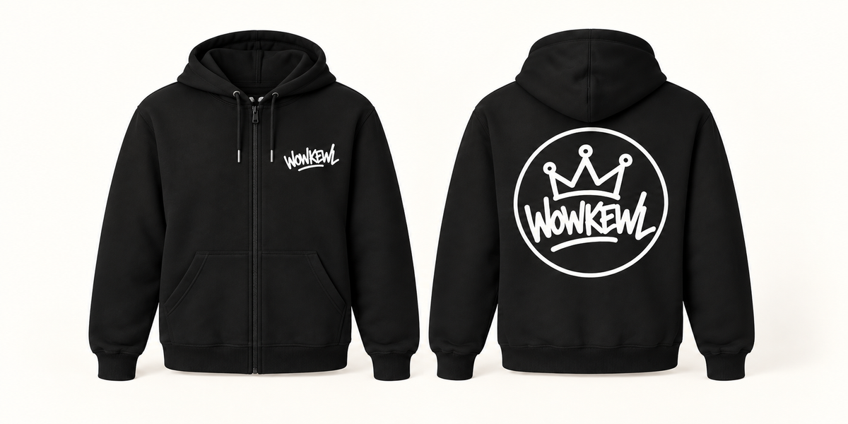 WOWKEWL Crown Zip Hoodie svart med dragkedja och vitt Crown-tryck på ryggen