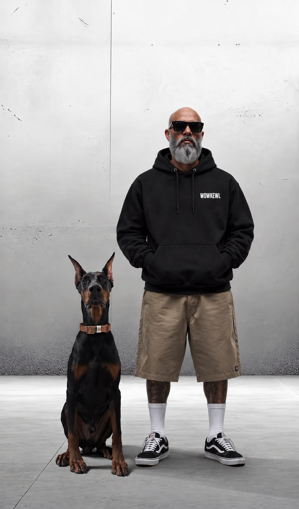 WOWKEWL – svart hoodie på modell med hund