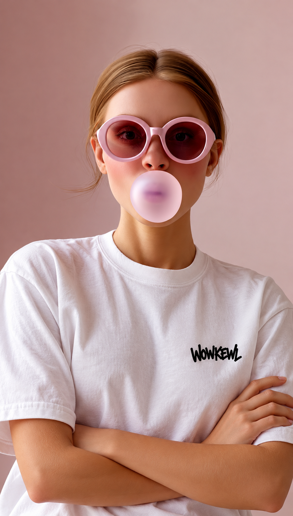 White Crown T-shirt with WOWKEWL chest print and pink sunglasses