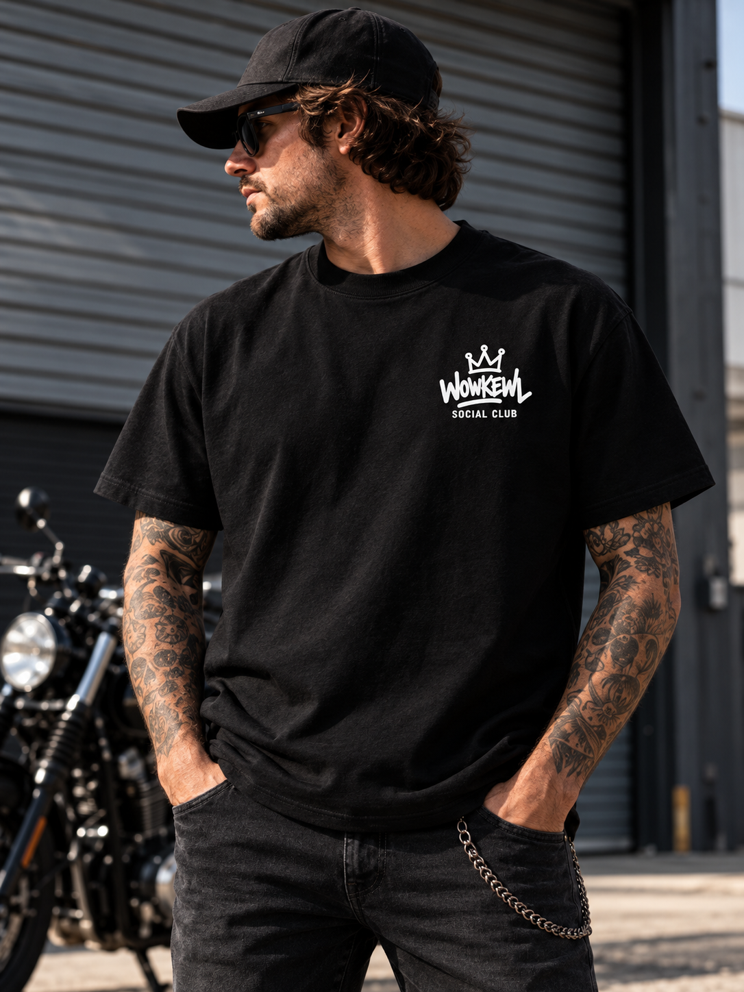 Modell i svart WOWKEWL Social Club T-shirt