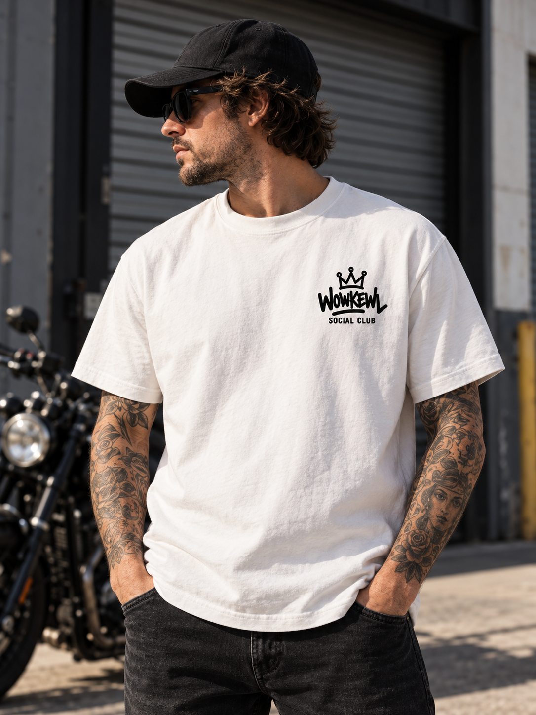Modell i vit WOWKEWL Social Club T-shirt